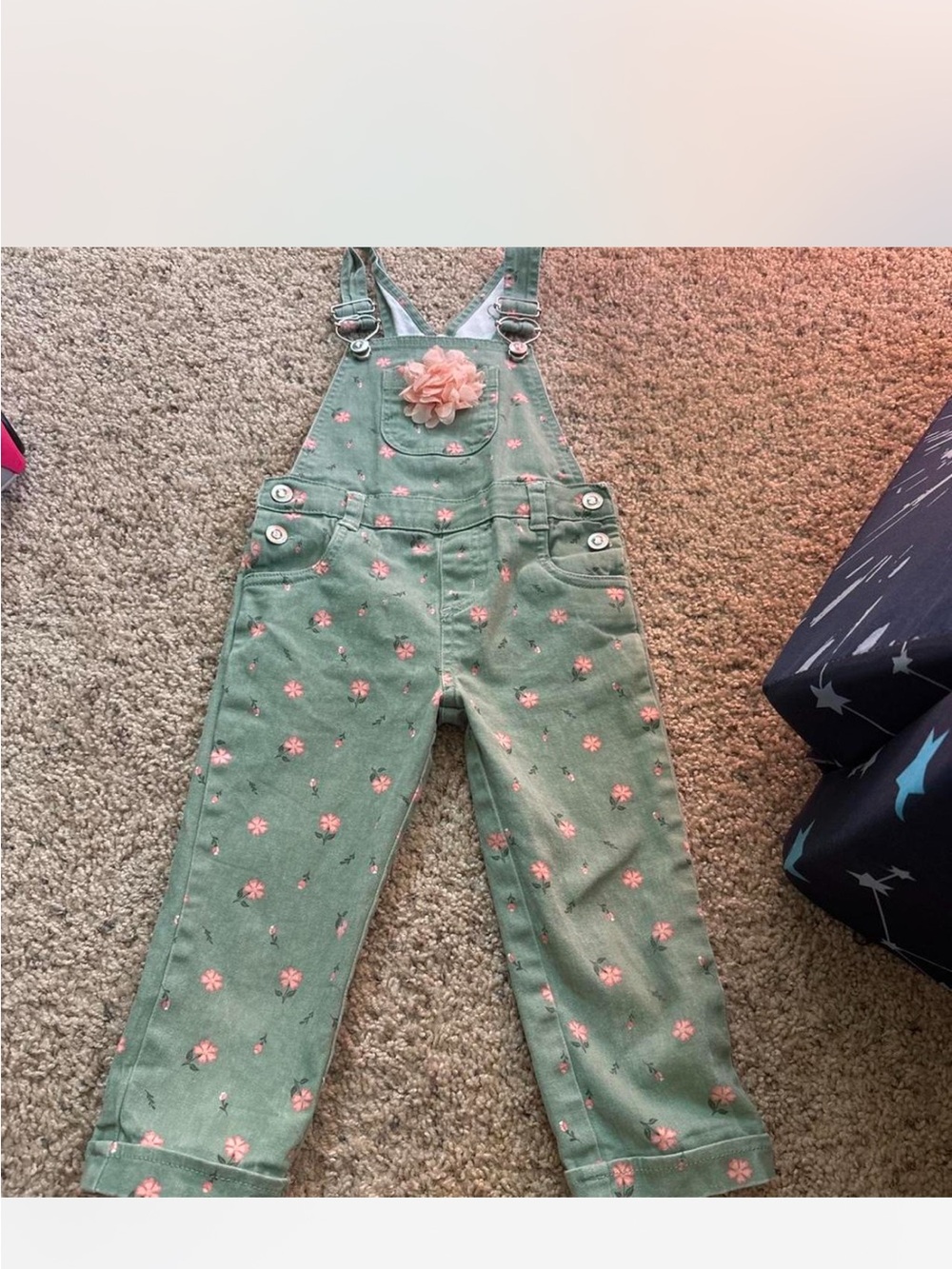Girls Green Floral Overalls with Pink Flower Accent